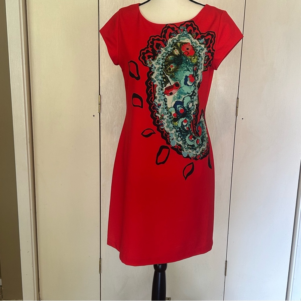 Cynthia Rowley- Brilliant Red Sheath Mini Dress with Paisley Graphic